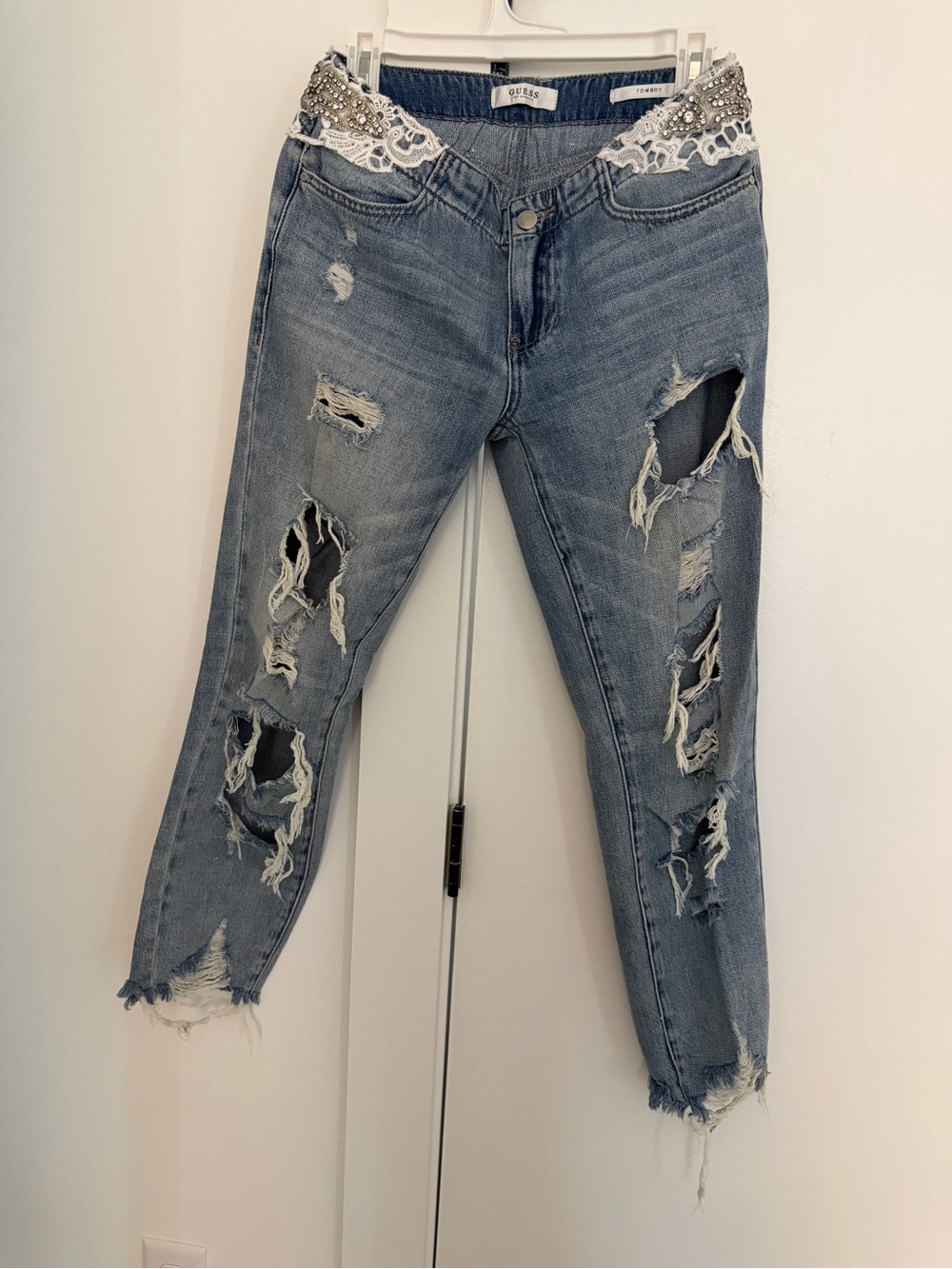 Guess Distressed Blue Ankle Jeans with Lace & Bead Trim
